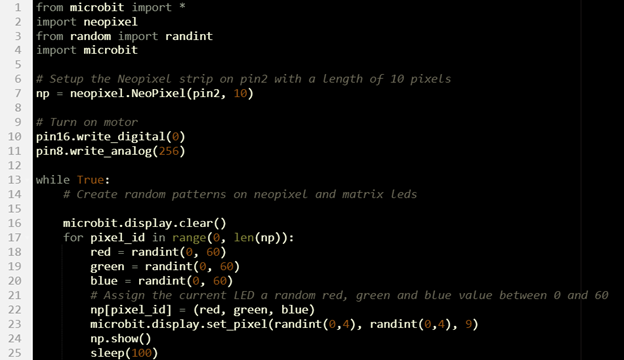 Code for control of motor and LEDs